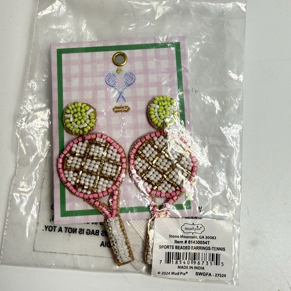 Mudpie Tennis Sports Beaded Earrings New - Picture 2 of 8